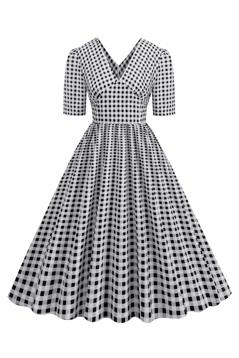 Afbeelding in Gallery-weergave laden, Zwarte geruite V-hals korte mouwen 1950s jurk