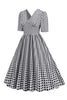 Afbeelding in Gallery-weergave laden, Zwarte geruite V-hals korte mouwen 1950s jurk