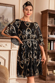 Zwarte Glitter Pailletten 1920s Jurk met Batwing Mouwen