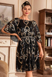 Zwarte Glitter Pailletten 1920s Jurk met Batwing Mouwen
