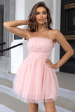 Roze Strapless A Line Tule Korte Homecoming Jurk