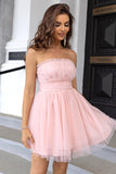 Roze Strapless A Line Tule Korte Homecoming Jurk