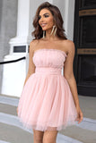 Roze Strapless A Line Tule Korte Homecoming Jurk