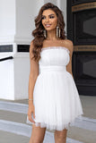 Roze Strapless A Line Tule Korte Homecoming Jurk