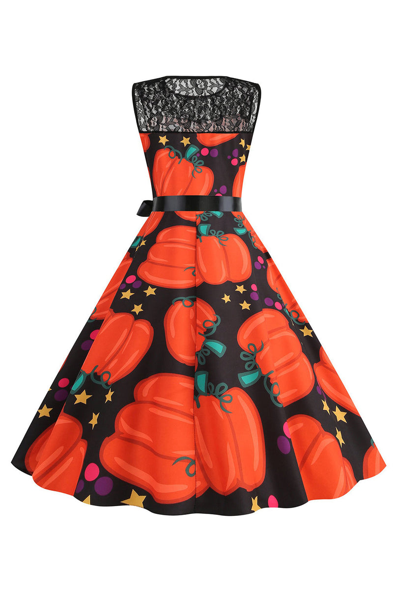 Afbeelding in Gallery-weergave laden, Halloween pompoen bedrukte oranje vintage jurk