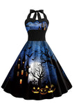 Halloween Print Halter Blauw Vintage Jurkje