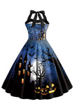 Halloween Print Halter Blauw Vintage Jurkje