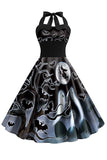 Halloween Print Halter Blauw Vintage Jurkje