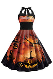 Halloween Print Halter Blauw Vintage Jurkje