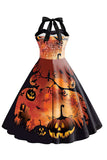 Halloween Print Halter Blauw Vintage Jurkje