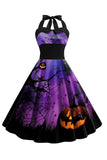 Halloween Print Halter Blauw Vintage Jurkje