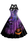 Halloween Print Halter Blauw Vintage Jurkje