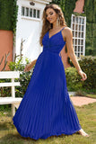 Royal Blue V-hals Spaghetti Strap Geplooide Party Dress