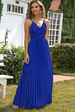 Royal Blue V-hals Spaghetti Strap Geplooide Party Dress