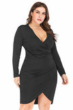 Bodycon V-hals plus size zwarte werkjurk met lange mouwen