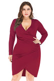 Bodycon V-hals plus size zwarte werkjurk met lange mouwen