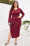 Bordeaux Bodycon V-hals Lange Mouwen Plus Size Werkjurk met Split