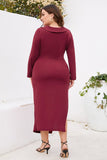 Bordeaux Bodycon V-hals Lange Mouwen Plus Size Werkjurk met Split