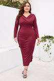 Bordeaux Bodycon V-hals Lange Mouwen Plus Size Werkjurk met Split