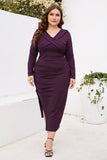 Bordeaux Bodycon V-hals Lange Mouwen Plus Size Werkjurk met Split