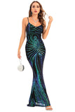 Zwarte Pailletten Spaghetti Strap Backless Bodycon Lange Avondjurk