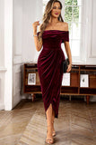 Bordeaux Fluweel Off the Shoulder Vakantie Party Dress