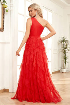 Formele jurk met rode tule A-lijn met één schouder