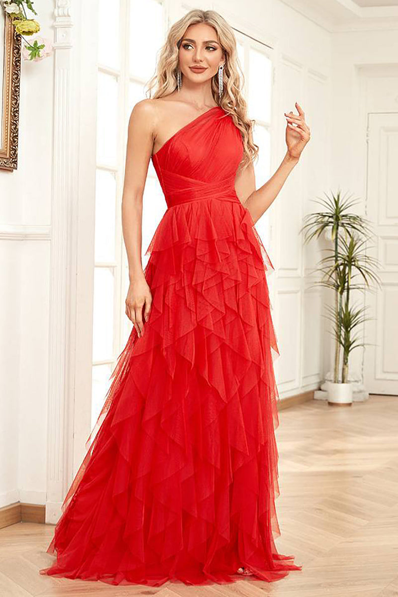 Afbeelding in Gallery-weergave laden, Formele jurk met rode tule A-lijn met één schouder