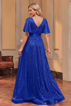 Koningsblauwe pailletten A-lijn formele jurk met V-hals