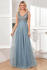 Afbeelding in Gallery-weergave laden, Grijsblauwe A-lijn tule Formal jurk met pailletten