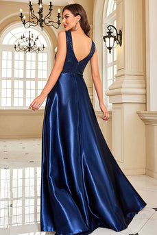 Marineblauwe satijnen A-lijn formele jurk met pailletten