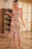 Champagne Glitter Halter franjes jaren 1920 jurk met mouwloze