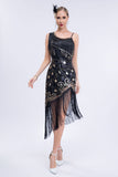 Asymmetrische zwarte Glitter jaren 1920 jurk met franjes