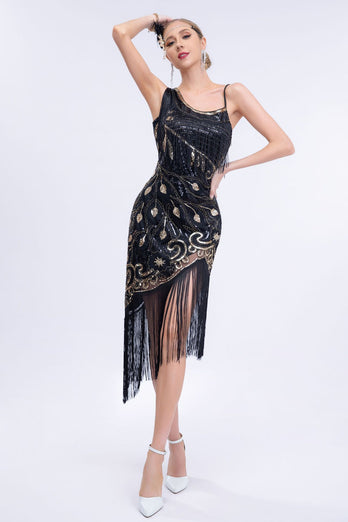 Asymmetrische zwarte Glitter jaren 1920 jurk met franjes