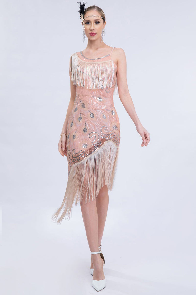 Afbeelding in Gallery-weergave laden, Sprankelende Blush asymmetrische pailletten omzoomde jaren 1920 jurk met accessoires Set