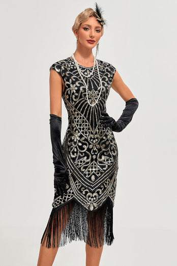 Sprankelende zwarte kralen franje jaren 1920 Gatsby jurk