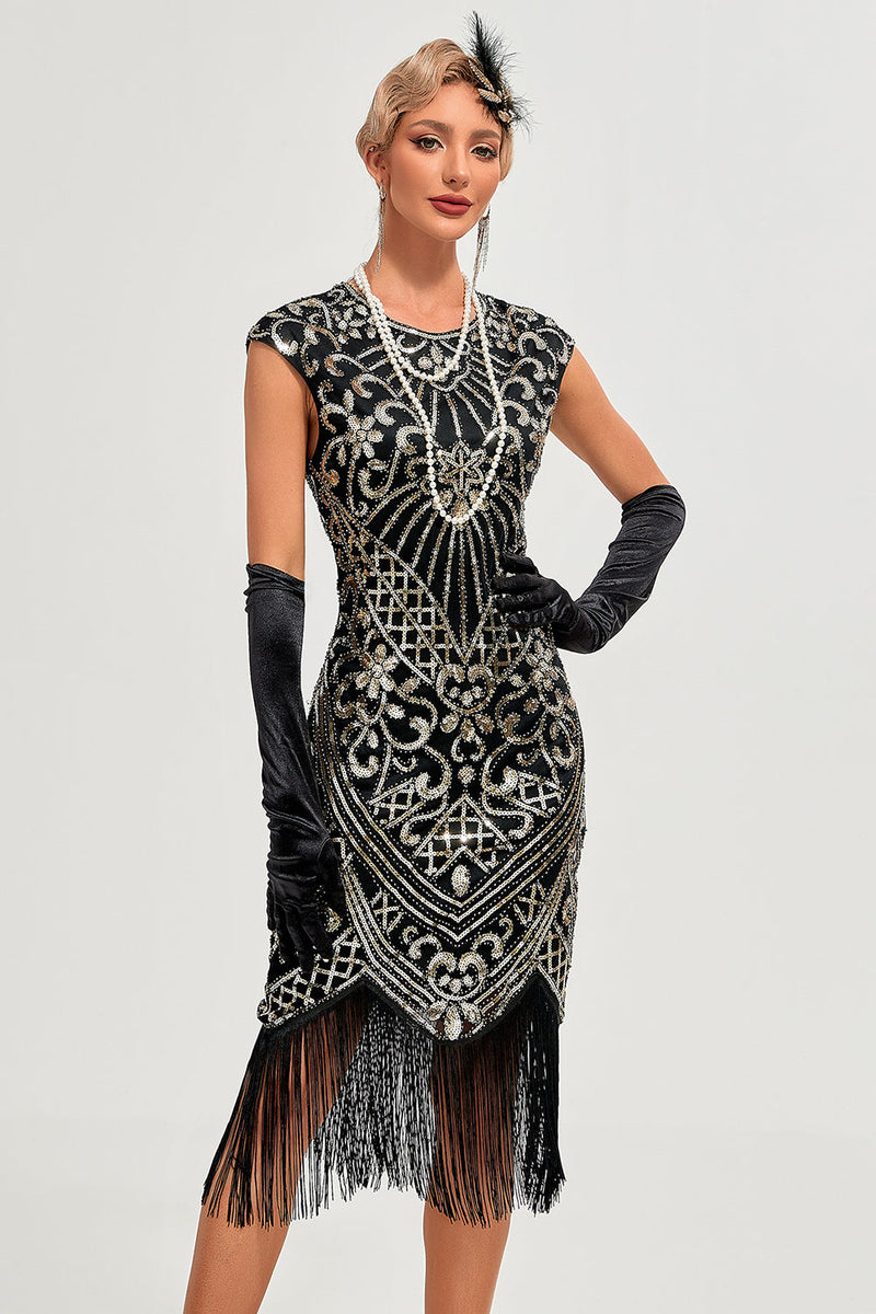 Afbeelding in Gallery-weergave laden, Sprankelende zwarte kralen franje jaren 1920 Gatsby jurk