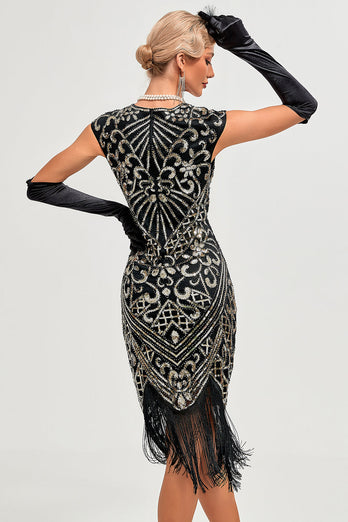 Sprankelende zwarte kralen franje jaren 1920 Gatsby jurk