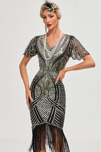 Sprankelende donkergroene kralen franje Cap mouwen jaren 1920 Gatsby jurk