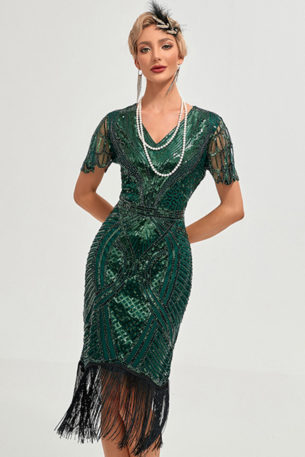 Sprankelende donkergroene kralen franje Cap mouwen jaren 1920 Gatsby jurk