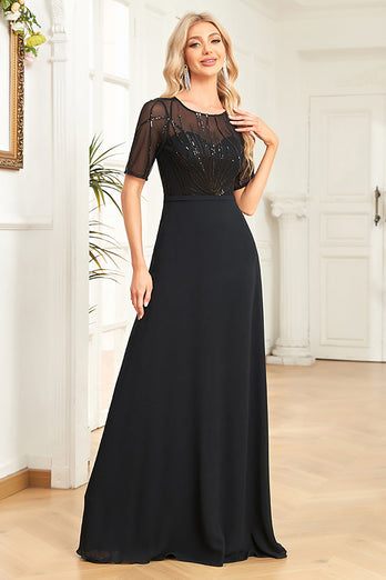 Sprankelende zwarte formele jurk met korte mouwen