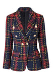 Blauw Rood Slim Retro Revers Geruite Vrouwen Blazer