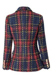 Blauw Rood Slim Retro Revers Geruite Vrouwen Blazer