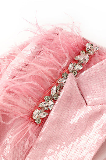 Glitter roze dames blazer met veren