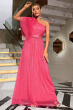 Koraal One Shoulder Tule Lange Galajurk met Riem