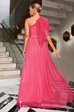 Koraal One Shoulder Tule Lange Galajurk met Riem