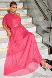 Koraal One Shoulder Tule Lange Galajurk met Riem