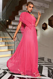 Koraal One Shoulder Tule Lange Galajurk met Riem