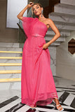 Koraal One Shoulder Tule Lange Galajurk met Riem