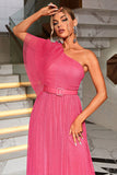 Koraal One Shoulder Tule Lange Galajurk met Riem